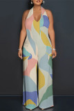 Stripe Bohemian Abstract Print Sleeveless Deep V Neck Backless Halter Wide Leg Jumpsuit