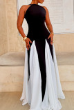 Black White Elegant Patchwork Contrast O Neck Long Dresses