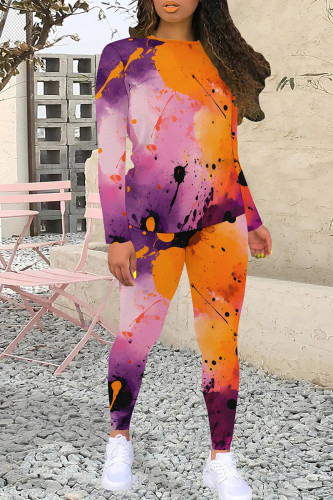 Orange Purple Vibrant Tie Dye Print  Long Sleeve T Shirt and Skinny Leggings Casual Matching Pant Set