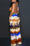 Stripe Bohemian Abstract Print Sleeveless Deep V Neck Backless Halter Wide Leg Jumpsuit
