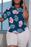 Deep Blue Casual Floral Print Basic O Neck Short Sleeve Two Pieces