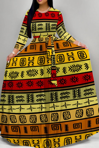 Multicolor Retro Geometric Print Long Sleeve Maxi Dress Ethnic Style Loose Full Skirt Gown