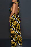 Stripe Bohemian Abstract Print Sleeveless Deep V Neck Backless Halter Wide Leg Jumpsuit