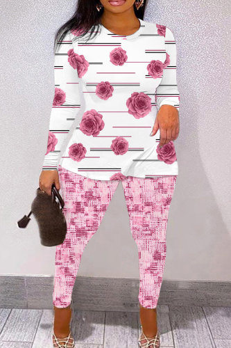 Pink Casual Floral Print Basic O Neck Short Sleeve Two Pieces