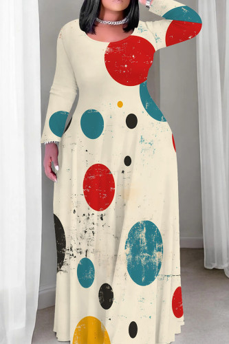 Cream White Colorblock Polka Dot Long Sleeve Straight Loose Vacation Casual Plus Size Maxi Dress