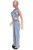 Light Blue Sleeveless Lapel Collar Ripped Hollow Out Bodycon Denim Wide Leg Jumpsuits