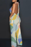 Stripe Bohemian Abstract Print Sleeveless Deep V Neck Backless Halter Wide Leg Jumpsuit