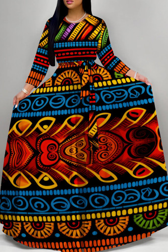 Colour Retro Geometric Print Long Sleeve Maxi Dress Ethnic Style Loose Full Skirt Gown