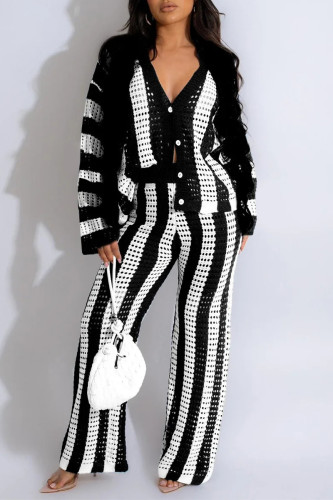 Black White Striped Knit Two Piece Set Casual Deep V Neck Long Sleeve Cardigan and Wide Leg Pants Outfit