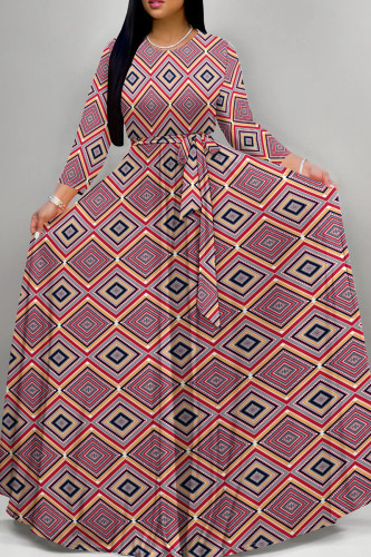 Red Retro Geometric Print Long Sleeve Maxi Dress Ethnic Style Loose Full Skirt Gown