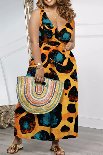 Orange Colorful Sleeveless Abstract Print Wide Leg Jumpsuit Vacation Deep V Neck Loose One Piece
