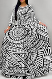 Black And White Retro Geometric Print Long Sleeve Maxi Dress Ethnic Style Loose Full Skirt Gown