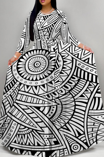 Black And White Retro Geometric Print Long Sleeve Maxi Dress Ethnic Style Loose Full Skirt Gown