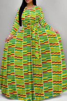Green Yellow Retro Geometric Print Long Sleeve Maxi Dress Ethnic Style Loose Full Skirt Gown