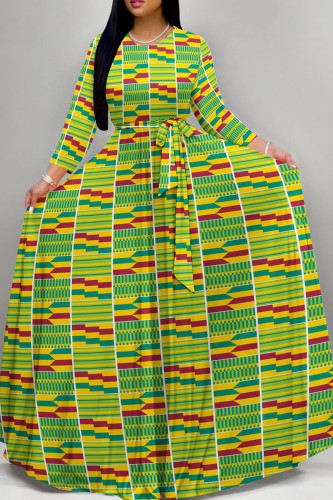 Green Yellow Retro Geometric Print Long Sleeve Maxi Dress Ethnic Style Loose Full Skirt Gown