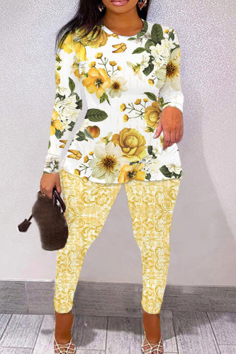Yellow Casual Floral Print Basic O Neck Short Sleeve Two Pieces