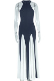 Black White Elegant Patchwork Contrast O Neck Long Dresses
