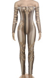 Black Striped Cut-out Long Sleeves Bodycon Flared Leg Jumpsuit Edgy Party Outfit