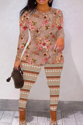 Light Brown Casual Floral Print Basic O Neck Short Sleeve Two Pieces