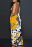 Stripe Bohemian Abstract Print Sleeveless Deep V Neck Backless Halter Wide Leg Jumpsuit