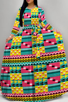 Greenish Yellow Retro Geometric Print Long Sleeve Maxi Dress Ethnic Style Loose Full Skirt Gown