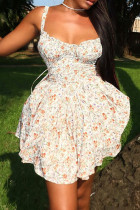 Apricot Sleeveless Floral Spaghetti Strap Mini Dress Sweet Summer Vacation Sundress