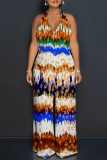 Stripe Bohemian Abstract Print Sleeveless Deep V Neck Backless Halter Wide Leg Jumpsuit
