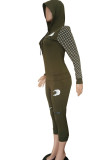 Army Green Casual Embroidery Draw String Pocket Patchwork Zipper Hooded Long Sleeve Two Pieces