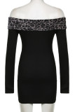 Black Sexy Leopard Print Patchwork Backless Off Shoulder Wrapped Skirt Dresses