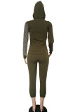 Army Green Casual Embroidery Draw String Pocket Patchwork Zipper Hooded Long Sleeve Two Pieces