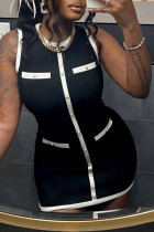 Black White Sleeveless Button Detail Formal Party Bodycon Mini Dress