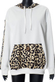 White Casual Leopard Print Draw String Pocket Patchwork Hooded Tops