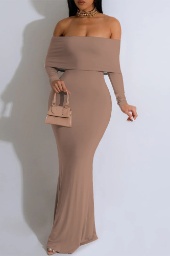 Khaki Off Shoulder Long Sleeve Bodycon Evening Gown Formal Party Maxi Dress