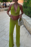 Green Sleeveless Halter Crop Top and Wide Leg Pants Set Low-neck Summer Beach Holiday Vacation Two Piece Outfit