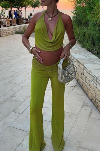Green Sleeveless Halter Crop Top and Wide Leg Pants Set Low-neck Summer Beach Holiday Vacation Two Piece Outfit
