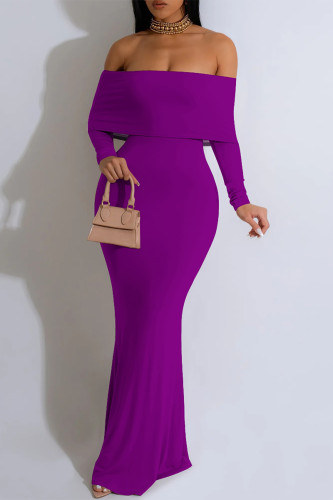 Purple Off Shoulder Long Sleeve Bodycon Evening Gown Formal Party Maxi Dress