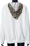 White Casual Leopard Print Draw String Pocket Patchwork Hooded Tops