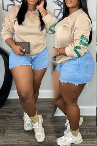 Milky Beige Casual Letter Print Crewneck Long Sleeve Sweatshirt