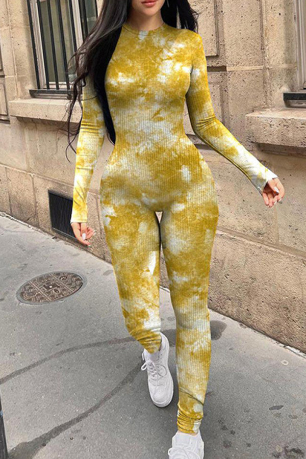 Yellow Blue Tie Dye Long Sleeve Bodycon Jumpsuit Casual Cloud Print One-Piece Bodysuit