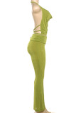Green Sleeveless Halter Crop Top and Wide Leg Pants Set Low-neck Summer Beach Holiday Vacation Two Piece Outfit
