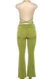 Green Sleeveless Halter Crop Top and Wide Leg Pants Set Low-neck Summer Beach Holiday Vacation Two Piece Outfit