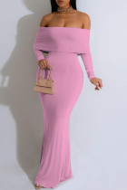 Pink Off Shoulder Long Sleeve Bodycon Evening Gown Formal Party Maxi Dress