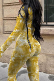 Blue Tie Dye Long Sleeve Bodycon Jumpsuit Casual Cloud Print One-Piece Bodysuit