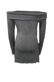 Grey Off Shoulder Long Sleeve Buckle Straps Fitted Knit Bodycon Mini Party Dress for Clubwear