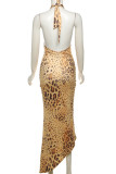 Leopard Print Sleeveless High Neck Party Outfit Halter Bodycon Maxi Dress