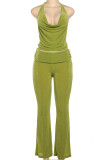 Green Sleeveless Halter Crop Top and Wide Leg Pants Set Low-neck Summer Beach Holiday Vacation Two Piece Outfit