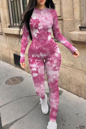 Pink Blue Tie Dye Long Sleeve Bodycon Jumpsuit Casual Cloud Print One-Piece Bodysuit