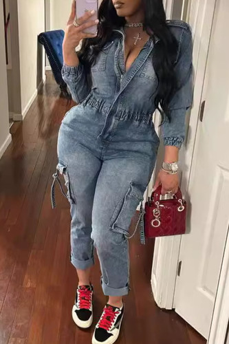 Blue Street Solid Color Pocket Patchwork Zipper Zipper Collar Long Sleeve High Waist Denim Jumpsuits