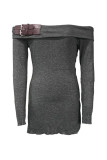 Grey Off Shoulder Long Sleeve Buckle Straps Fitted Knit Bodycon Mini Party Dress for Clubwear