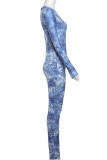 Blue Tie Dye Long Sleeve Bodycon Jumpsuit Casual Cloud Print One-Piece Bodysuit